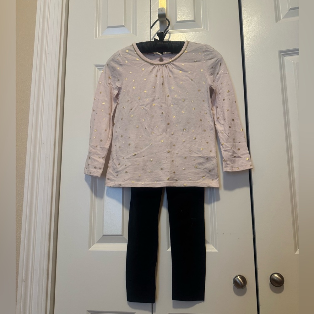 Cat & Jack Girls 6/6X Pink Gold Star Top Black Leggings Outfit Set